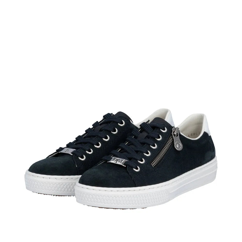 Black suede lace-up shoes with side zipper, white sole, and white interior, stylish and casual for ladies.