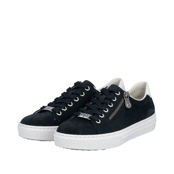 Black suede lace-up shoes with side zipper, white sole, and white interior, stylish and casual for ladies.