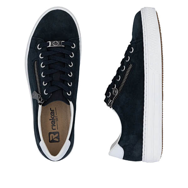 Women's navy suede sneakers with lace-up front, side zipper detail, white sole, and tonal accents.