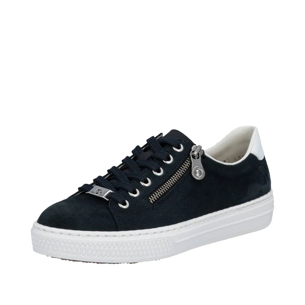Black suede lace-up sneaker with silver zipper and logo detail, white sole, and cushioned interior.