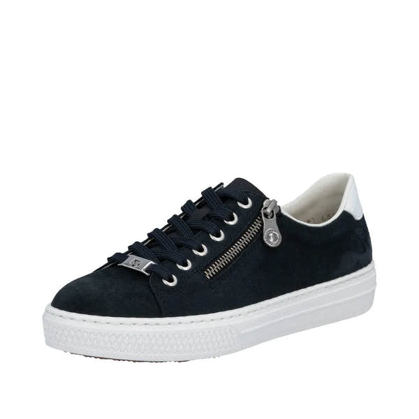 Black suede lace-up sneaker with silver zipper and logo detail, white sole, and cushioned interior.