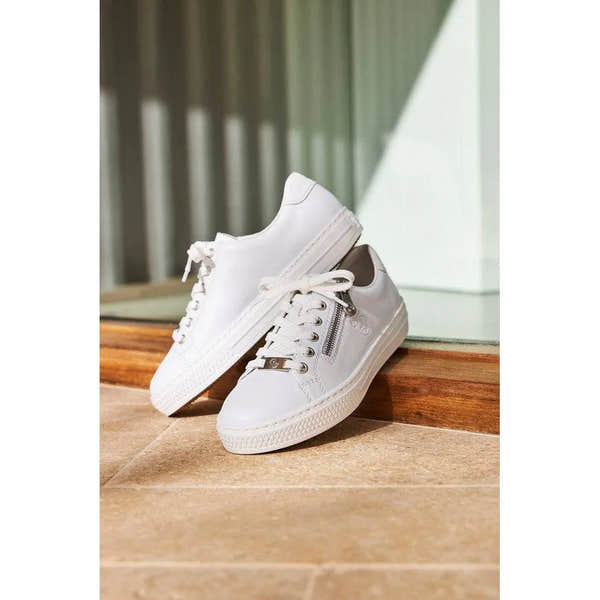 Rieker L59L1-83 Ladies White Leather Lace & Zip Up Sneakers-elevate your sole