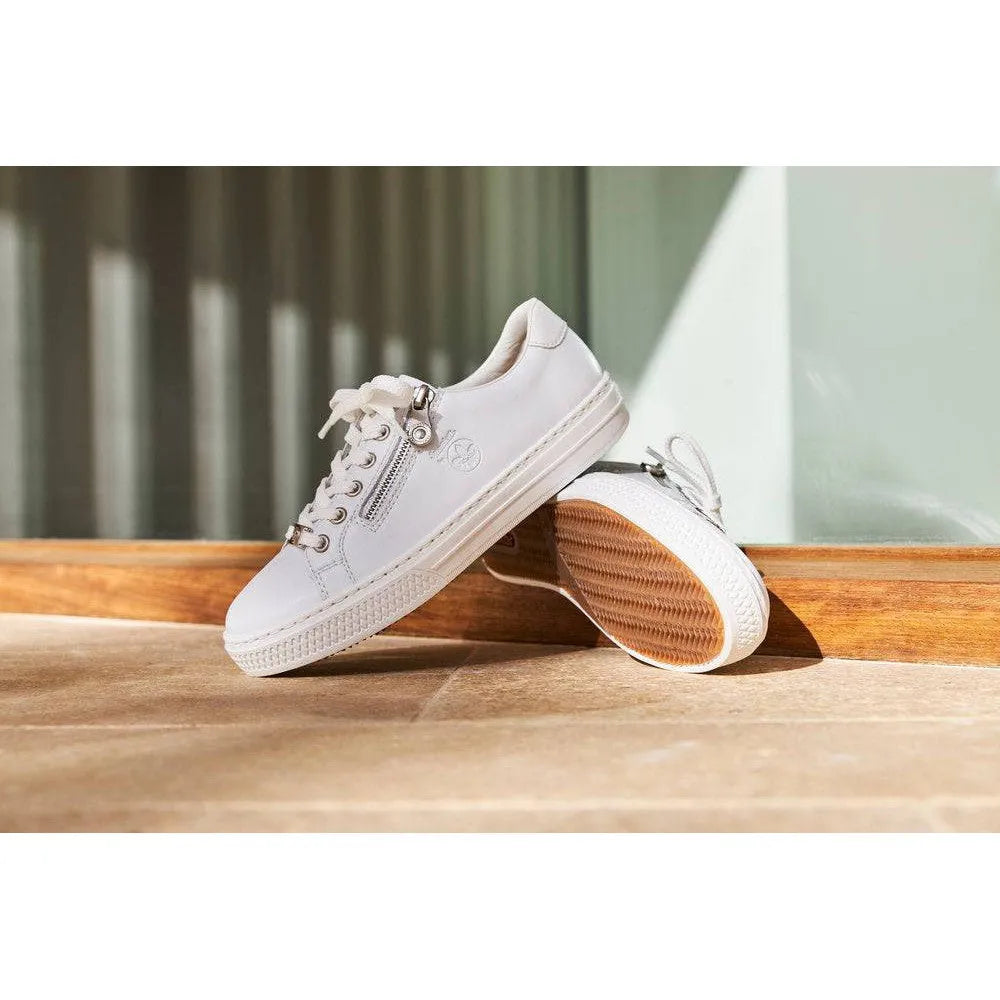 Rieker L59L1-83 Ladies White Leather Lace & Zip Up Sneakers-elevate your sole