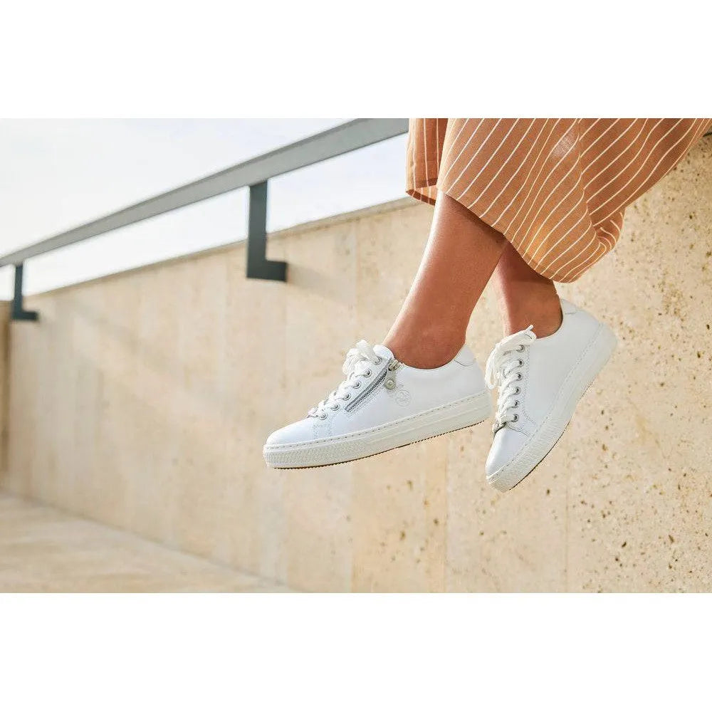 Rieker L59L1-83 Ladies White Leather Lace & Zip Up Sneakers-elevate your sole