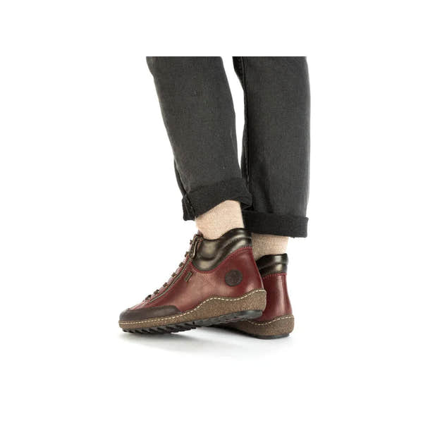Rieker L7500-35 women's red water-resistant ankle boots with zip and lace, rugged sole, stylish and functional footwear.