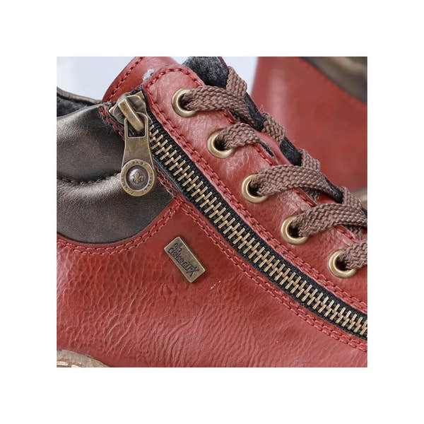 Rieker L7500-35 women's red water-resistant ankle boots with lace-up and zip closure, featuring metal eyelets and zipper detail.