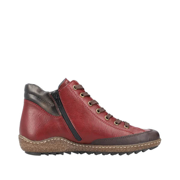 Rieker L7500-35 women's red water-resistant ankle boots with lace-up front, zipper side closure, and rugged sole for outdoor wear.