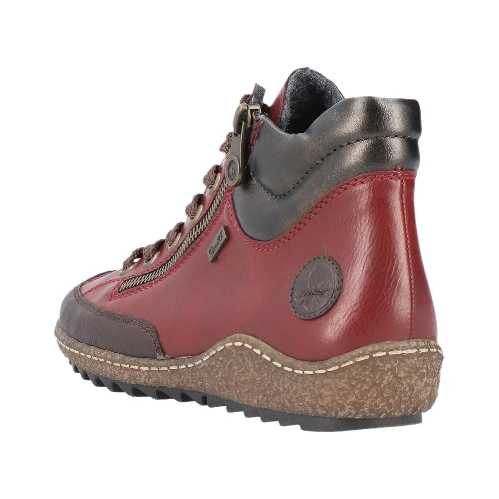 Rieker L7500-35 women's water-resistant red ankle boots with zip and lace-up closure, cushioned ankle collar, and rugged sole.