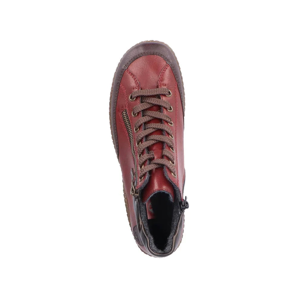 Rieker L7500-35 women's red water-resistant ankle boots with zip and lace closure, noisy water resistant leather upper.