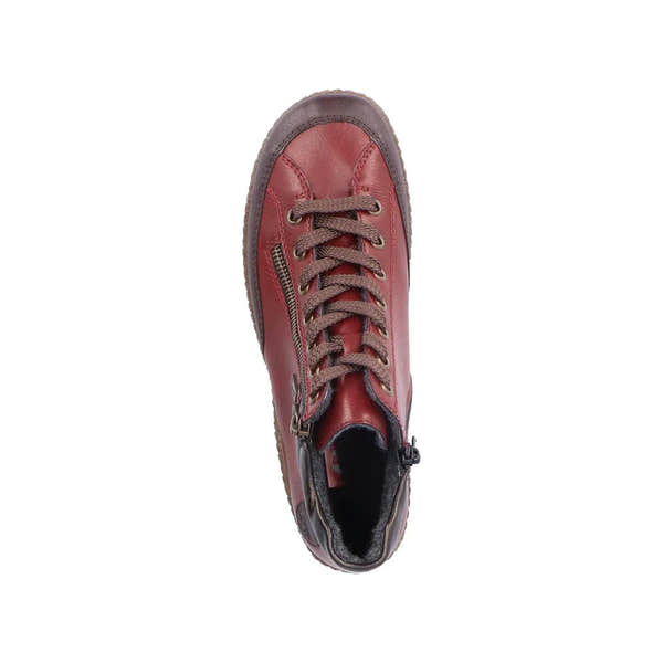 Rieker L7500-35 women's red water-resistant ankle boots with zip and lace closure, noisy water resistant leather upper.