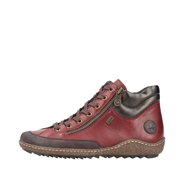 Rieker L7500-35 women's red water-resistant ankle boots with zipper and lace-up design, cushioned sole, and durable outsole.