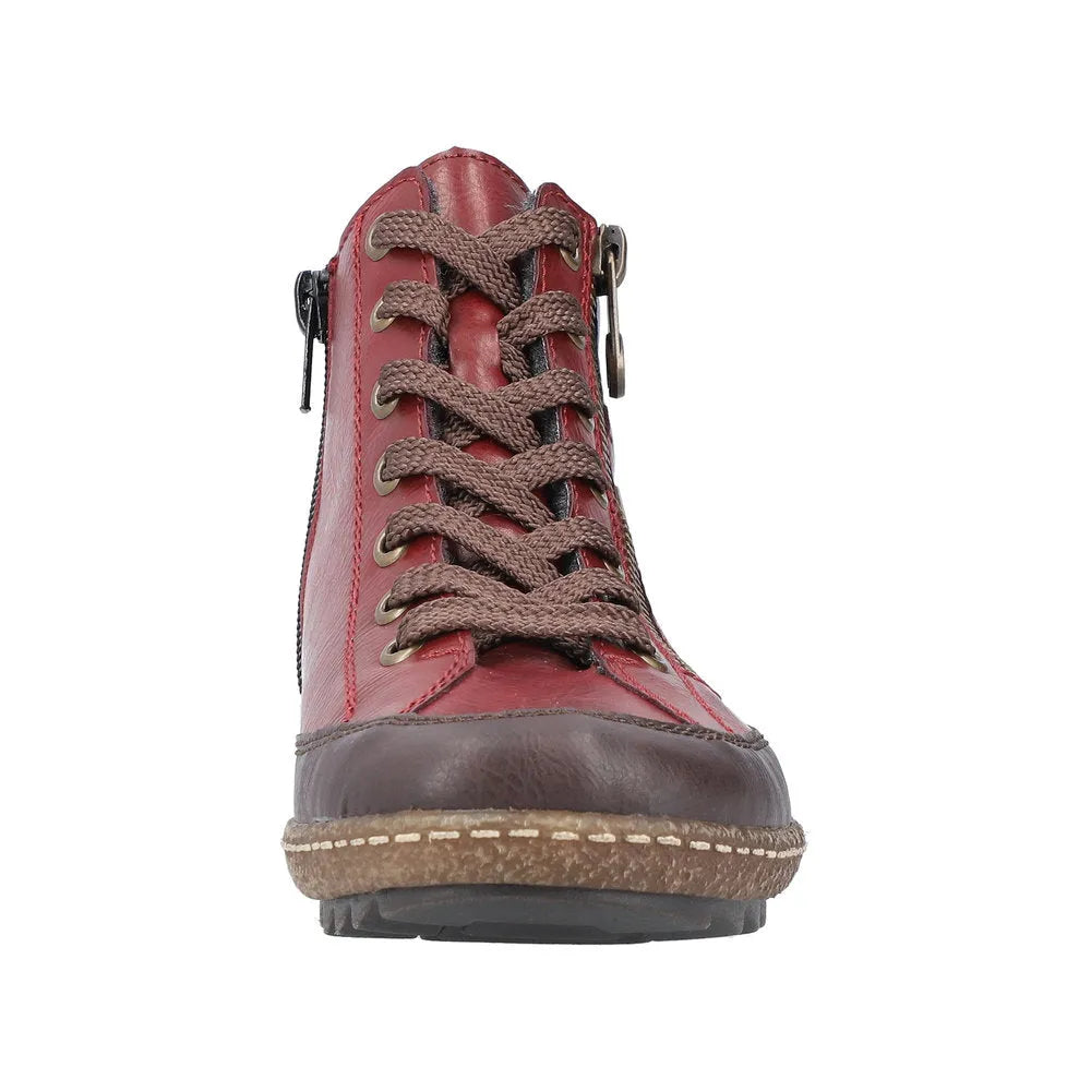 Rieker L7500-35 women's red water-resistant ankle boots with lace-up and zip closure, featuring sturdy sole and stylish design.