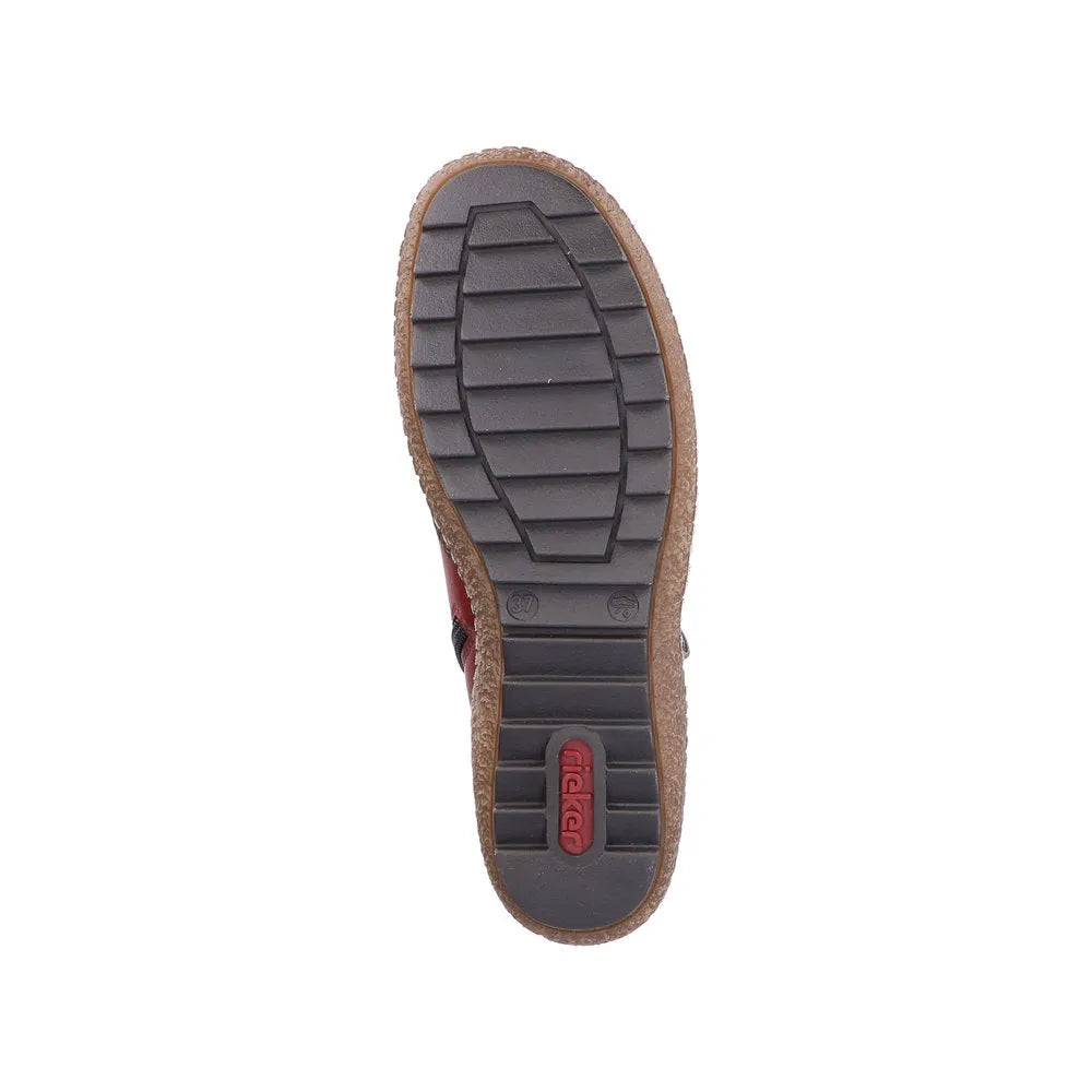 Rieker L7500-35 women's red water-resistant ankle boots with zip and lace closures, buckle detail, and rugged grip outsole.
