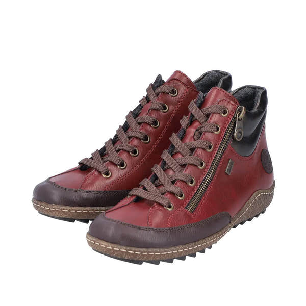 Rieker L7500-35 women's red water-resistant ankle boots with lace-up and side zipper, durable sole, and cushioned interior.