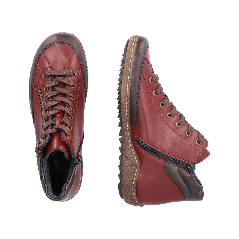 Rieker L7500-35 women's red water-resistant ankle boots with zippers, lace-up front, and rugged sole.