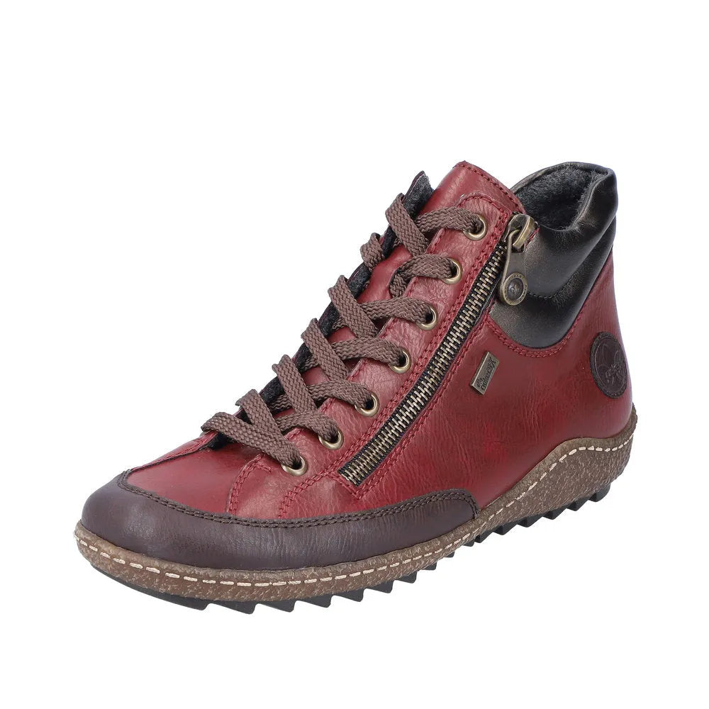 Rieker L7500-35 women's red water-resistant ankle boots with zipper, lace-up design, and rugged sole.