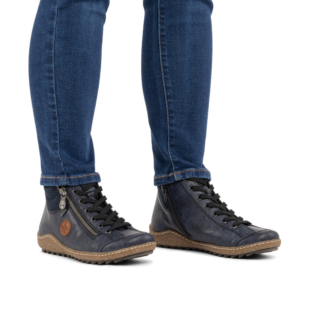 Rieker L7514-15 women's navy water resistant zip & lace ankle boots, on-foot lifestyle view.