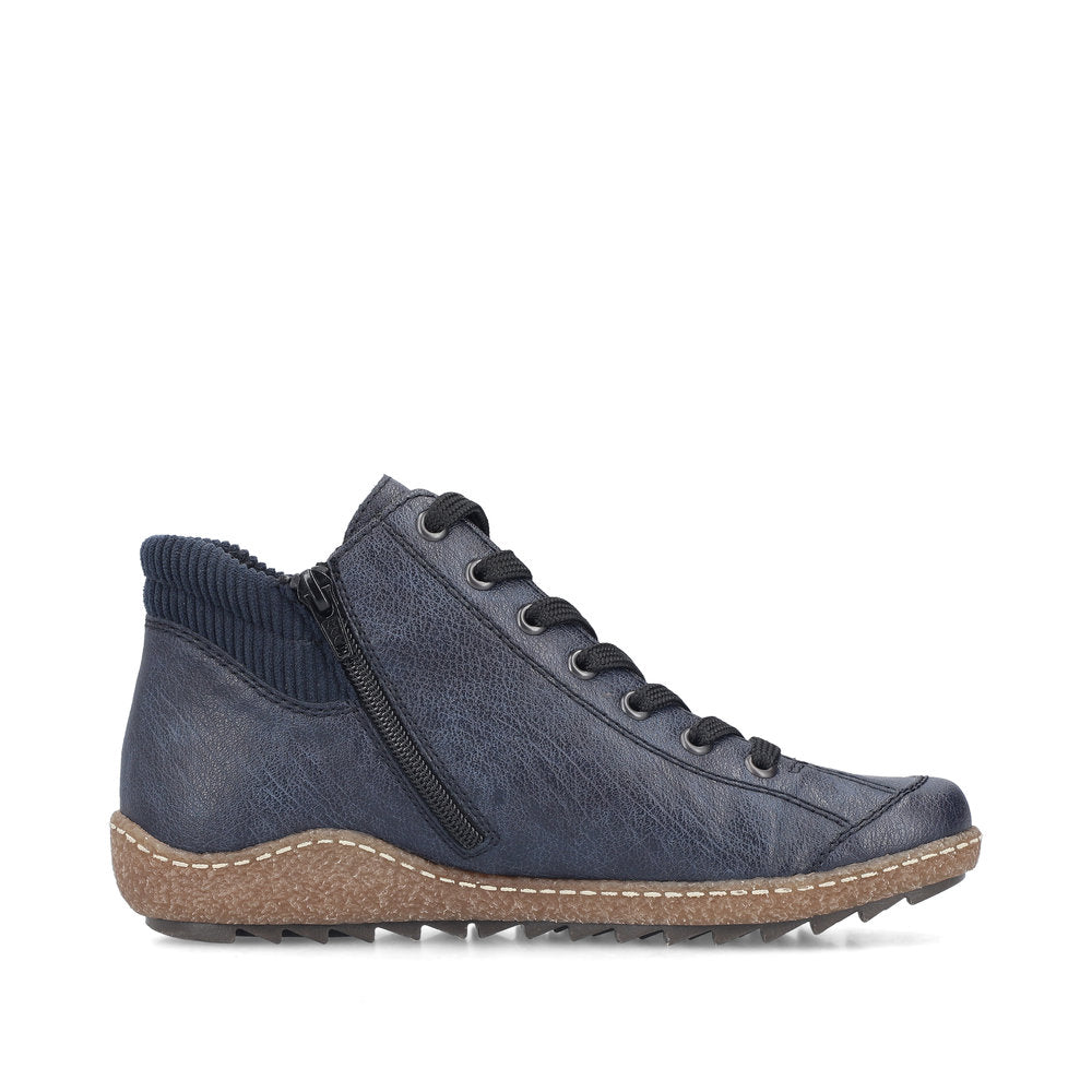 Rieker L7514-15 women's navy water resistant zip & lace ankle boots, outer side view.