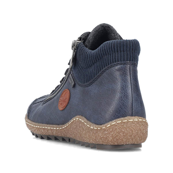 Rieker L7514-15 women's navy water resistant zip & lace ankle boots, rear three-quarter view.