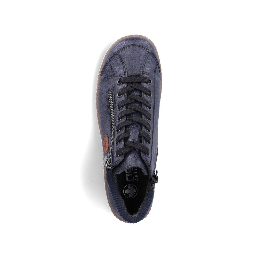 Rieker L7514-15 women's navy water resistant zip & lace ankle boots, top view.