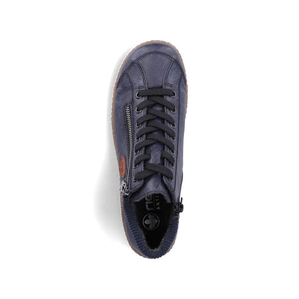 Rieker L7514-15 women's navy water resistant zip & lace ankle boots, top view.