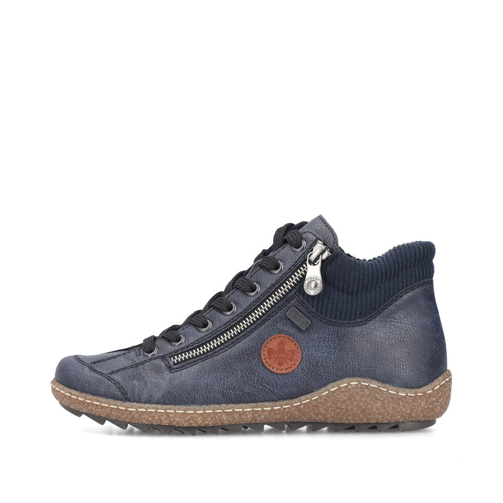 Rieker L7514-15 women's navy water resistant zip & lace ankle boots, inner side view.
