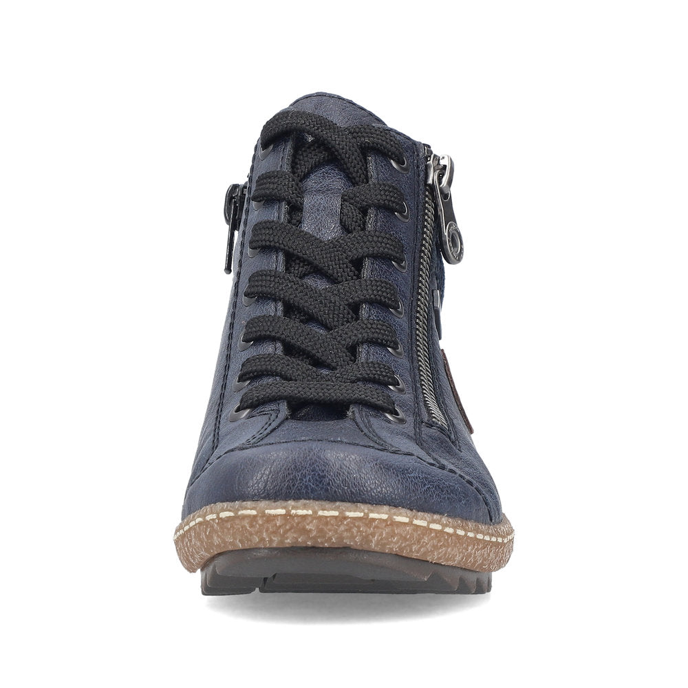 Rieker L7514-15 women's navy water resistant zip & lace ankle boots, front view.