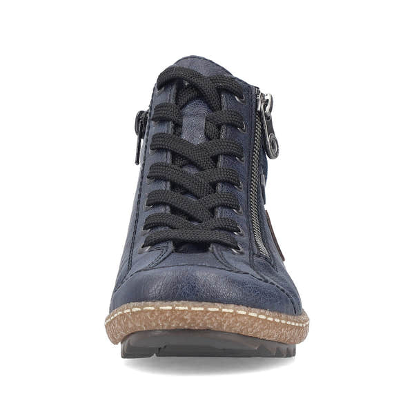 Rieker L7514-15 women's navy water resistant zip & lace ankle boots, front view.