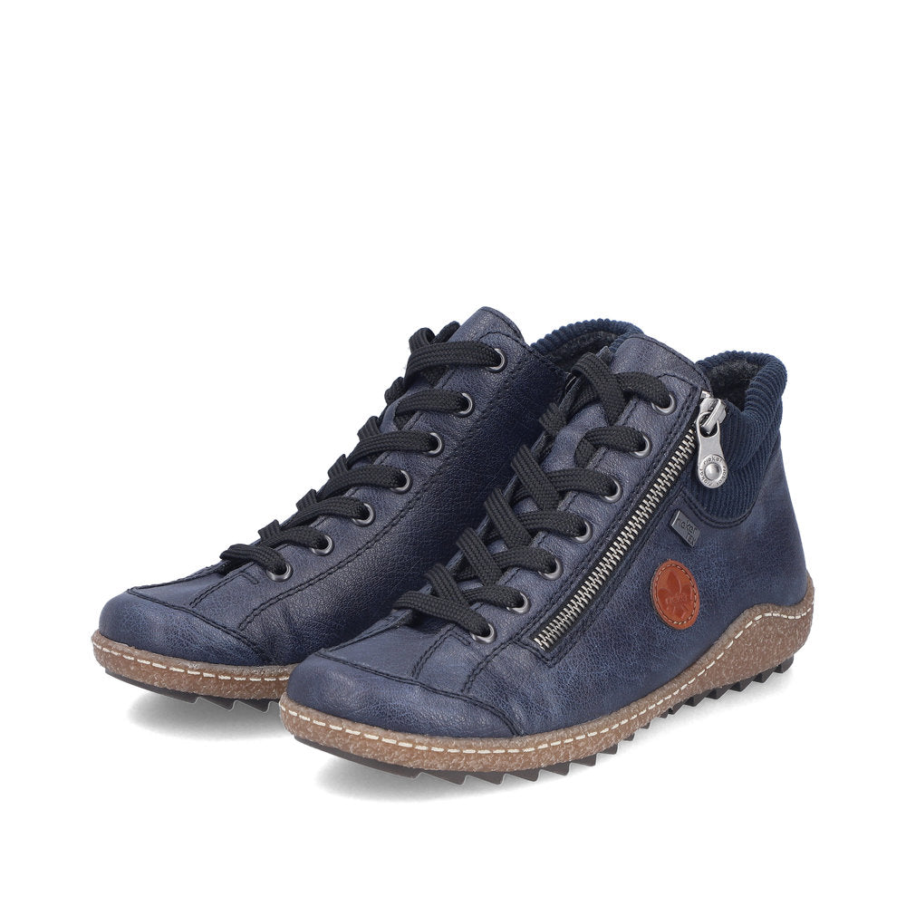 Rieker L7514-15 women's navy water resistant zip & lace ankle boots, paired three-quarter view.