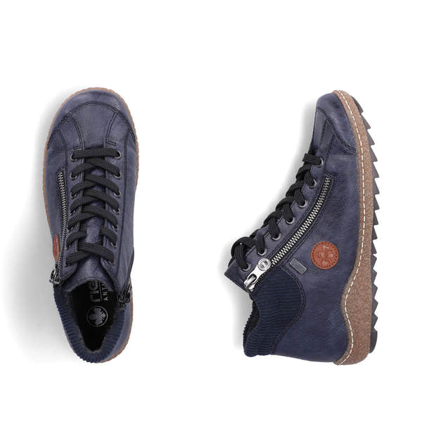 Rieker L7514-15 women's navy water resistant zip & lace ankle boots, two-angle product view.