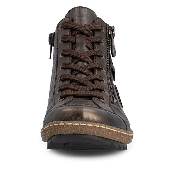 Rieker L7514-25 women's dark brown water resistant zip & lace ankle boots, front view.