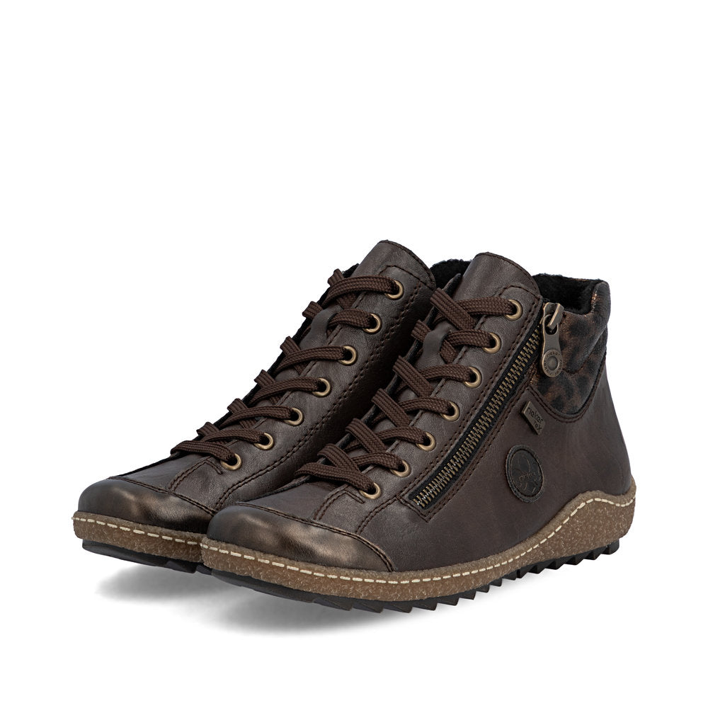 Rieker L7514-25 women's dark brown water resistant zip & lace ankle boots, paired three-quarter view.