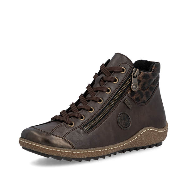 Rieker L7514-25 women's dark brown water resistant zip & lace ankle boots, front three-quarter view.