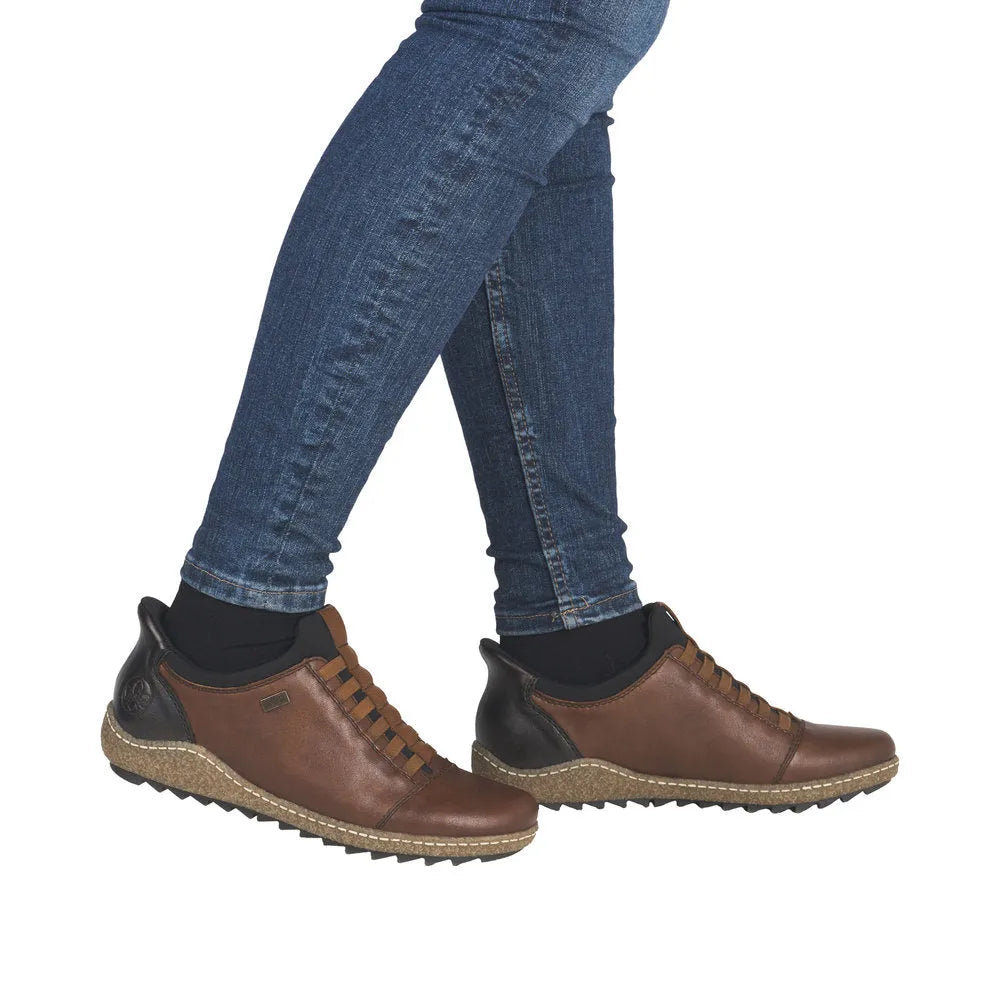 Rieker L7562-22 Ready2Go women's brown leather water-resistant slip-on shoes with cushioned soles.