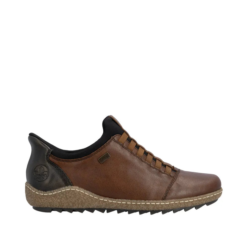 Rieker L7562-22 Ready2Go women's brown leather water-resistant slip-on shoes with cushioned sole.