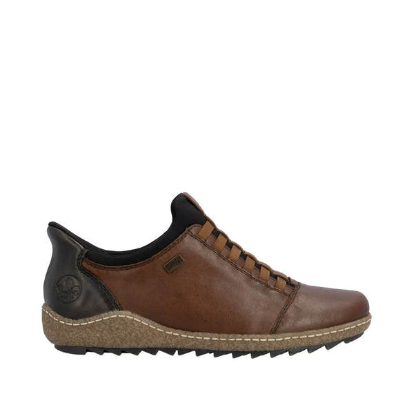 Rieker L7562-22 Ready2Go women's brown leather water-resistant slip-on shoes with cushioned sole.