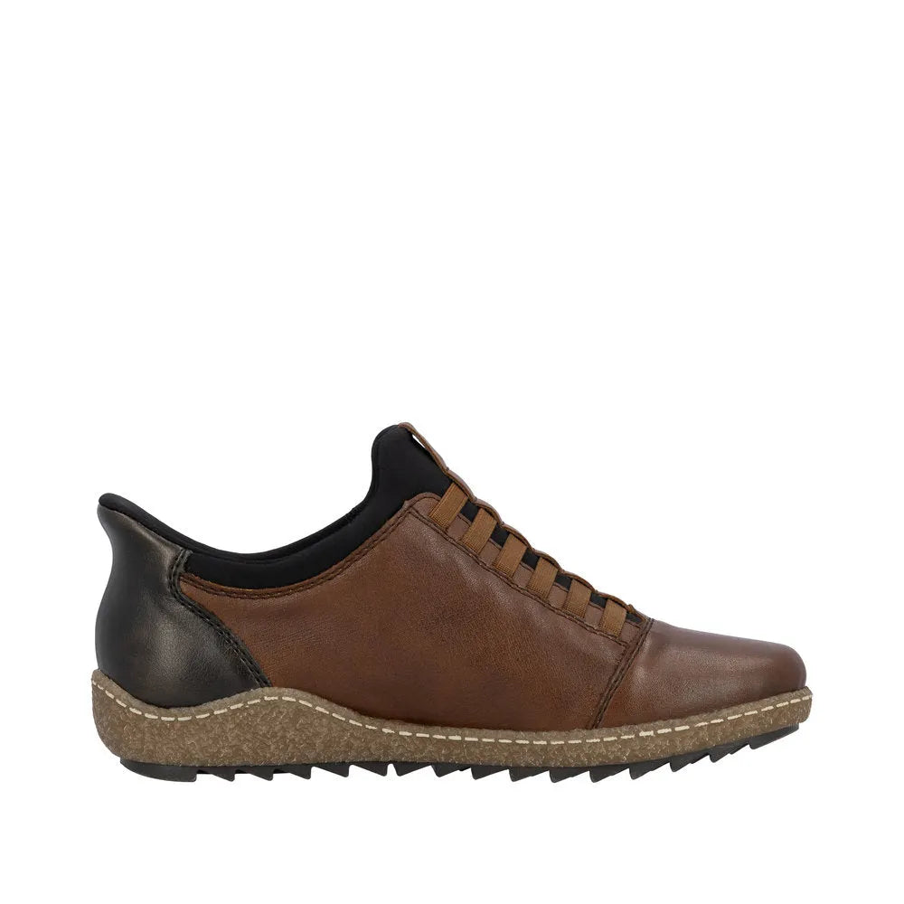 Rieker L7562-22 Ready2Go women's brown leather water-resistant slip-on shoes with cushioned sole and rugged outsole.