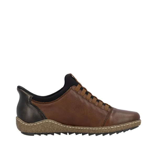 Rieker L7562-22 Ready2Go women's brown leather water-resistant slip-on shoes with cushioned sole and rugged outsole.