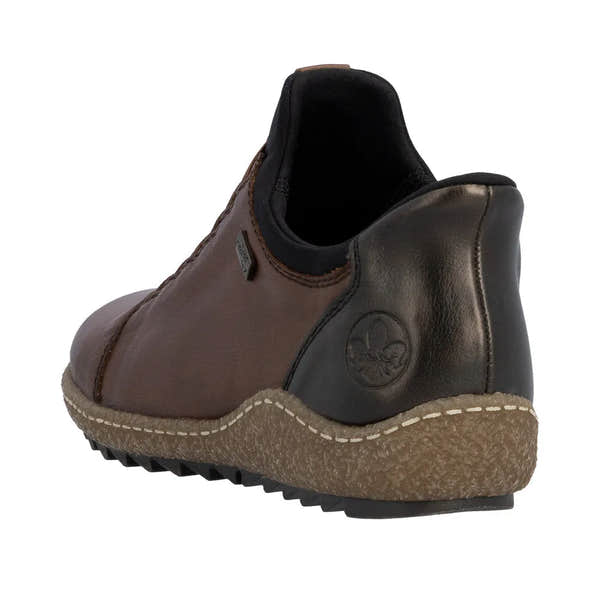 Rieker L7562-22 Ready2Go ladies brown leather slip-on shoes, water-resistant, cushioned, casual footwear.