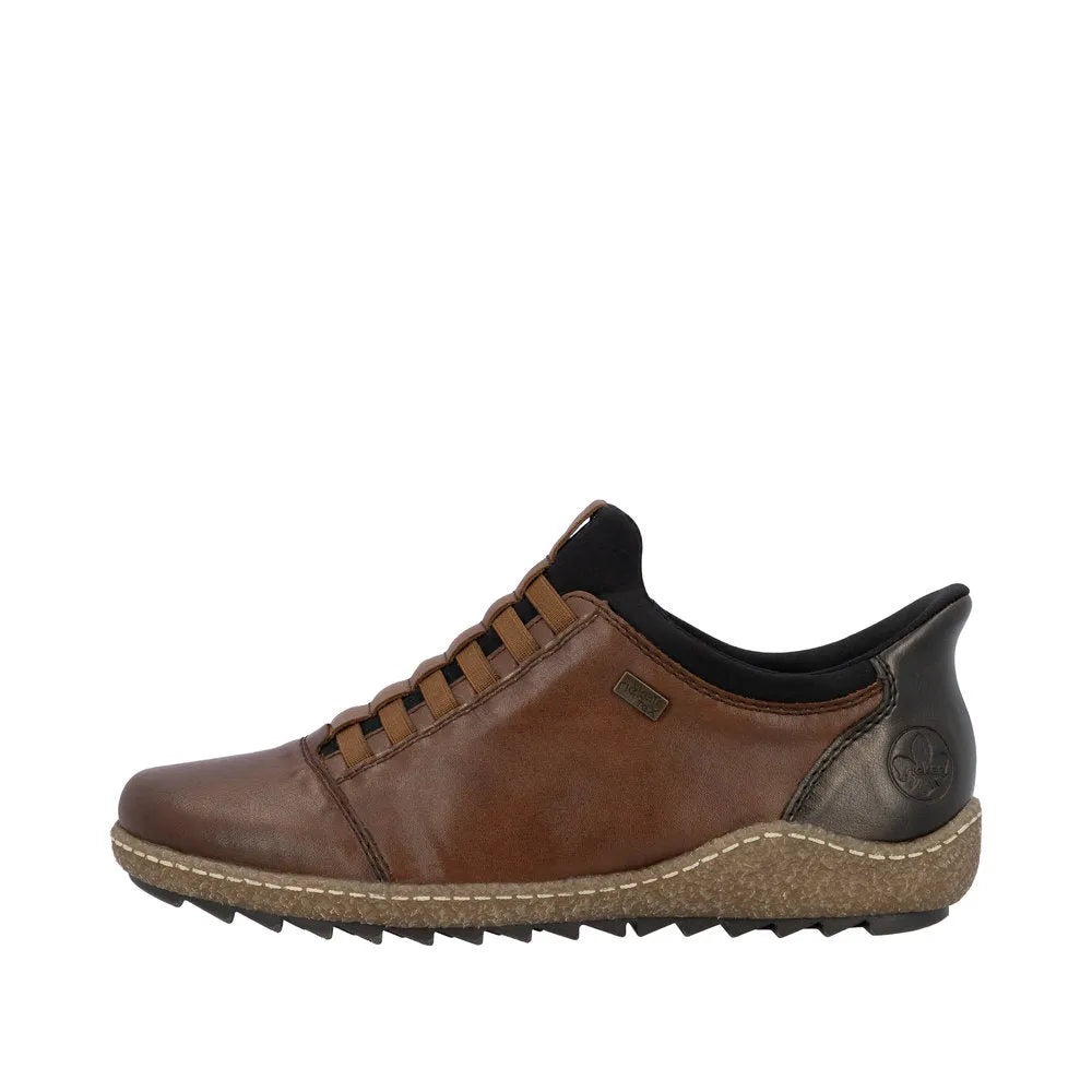 Rieker L7562-22 Ready2Go ladies brown leather water-resistant slip-on shoes with cushioned sole and stylish design.