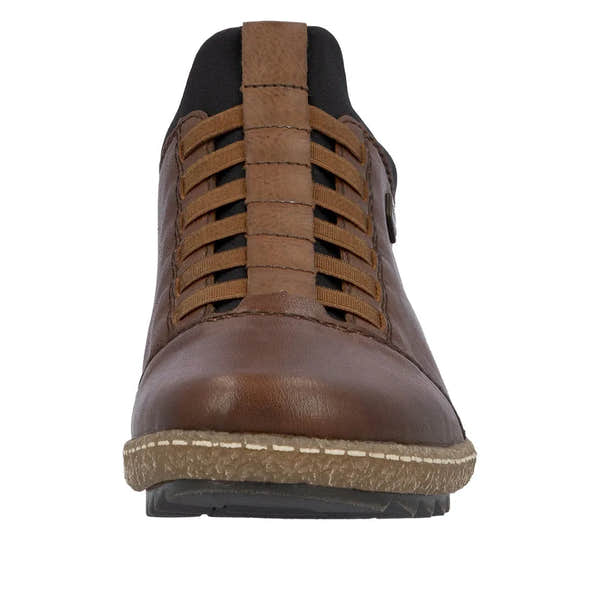 Rieker L7562-22 Ready2Go women's brown leather water-resistant slip-on shoes, front view.