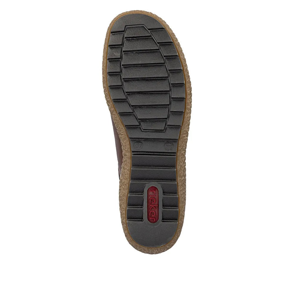 Rieker L7562-22 Ready2Go Ladies Brown Leather Water-Resistant Slip-On Shoes with durable rubber sole.