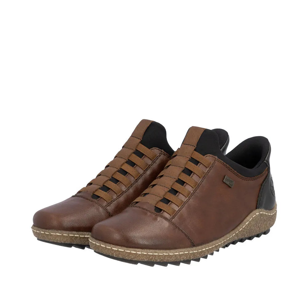 Rieker L7562-22 Ready2Go women's brown leather water-resistant slip-on shoes with black accents and textured sole.