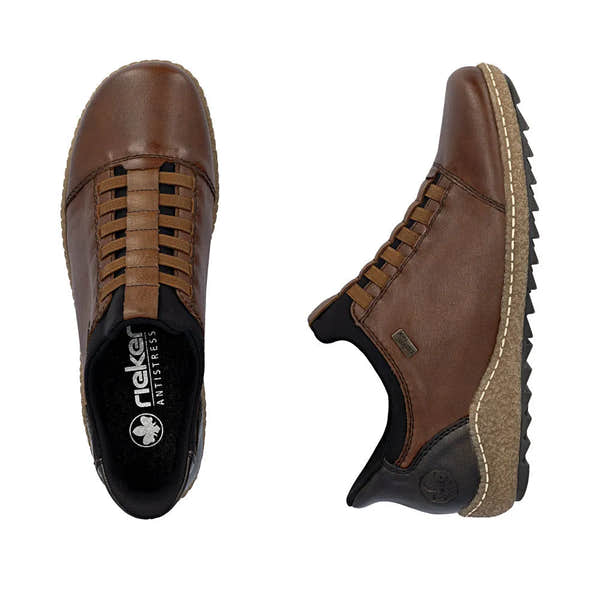 Rieker L7562-22 Ready2Go women's brown leather water-resistant slip-on shoes with rugged sole and lacing detail.
