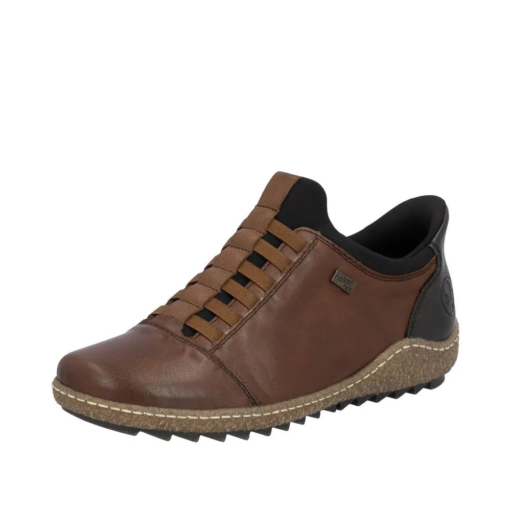 Rieker L7562-22 Ready2Go women's brown leather slip-on water-resistant shoes with black accents and cushioned sole.