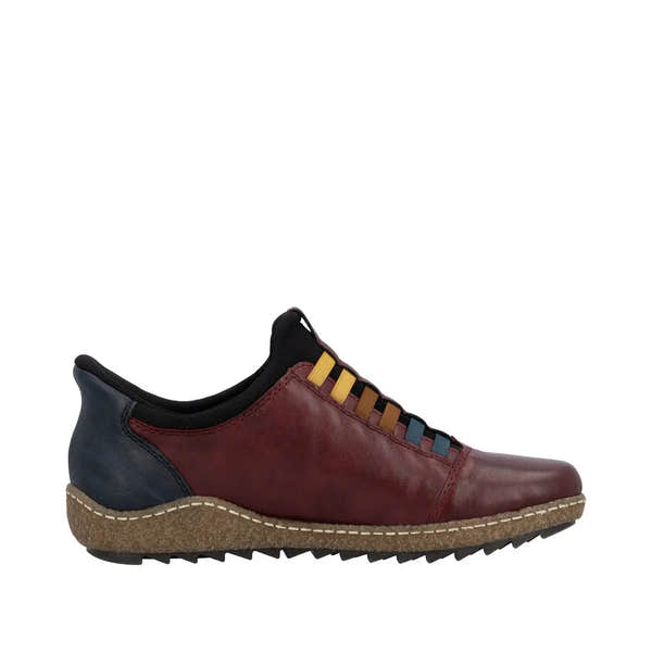 Rieker L7562-35 Ready2Go women's red leather slip-on water-resistant shoes with multicolor laces and cushioned sole.