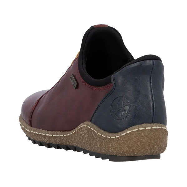 Rieker L7562-35 Ready2Go women's red and navy leather water-resistant slip-on shoes with textured sole.
