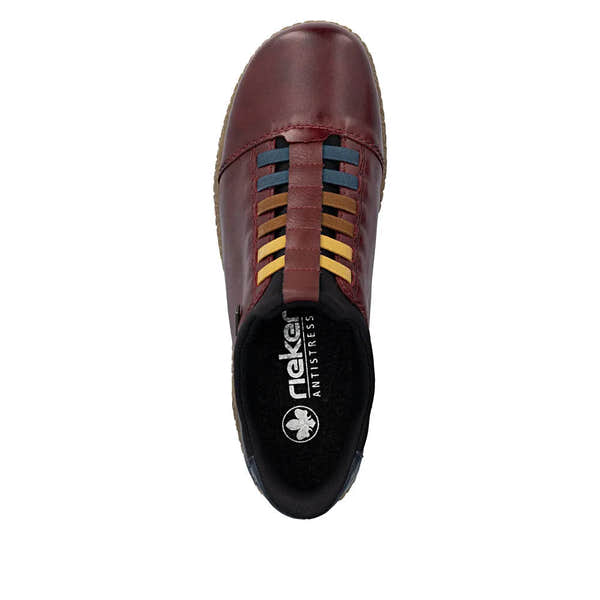 Rieker L7562-35 Ready2Go women's red leather water-resistant slip-on shoes with colorful laces and anti-stress lining.