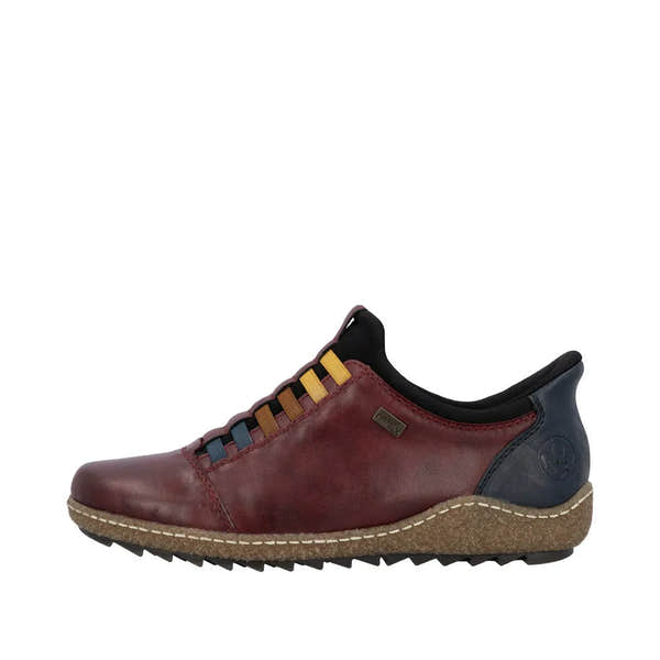 Rieker L7562-35 Ready2Go women's red leather slip-on water-resistant shoes with colorful laces and cushioned sole.