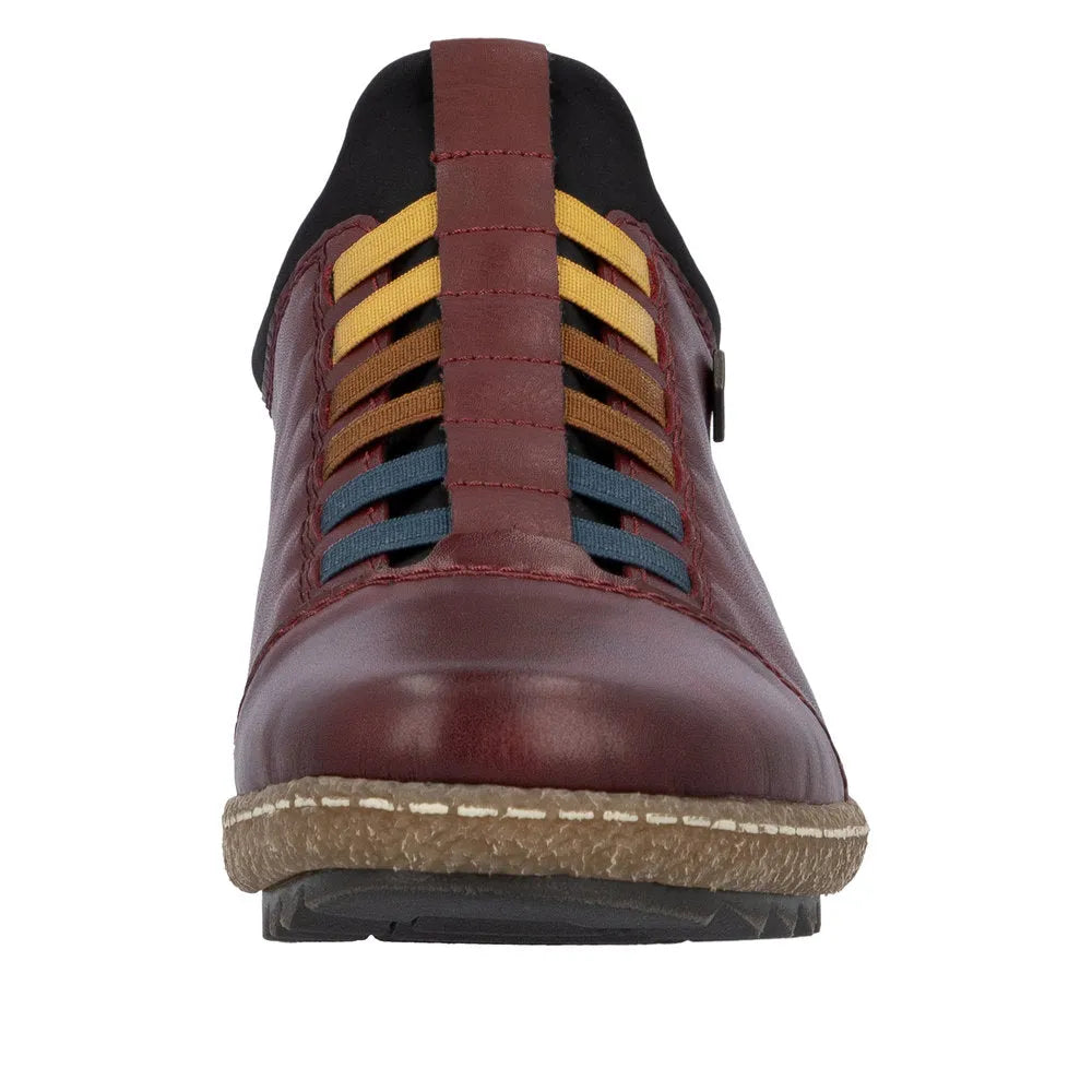 Rieker L7562-35 Ready2Go women's red leather slip-on water-resistant shoes with multicolor laces.